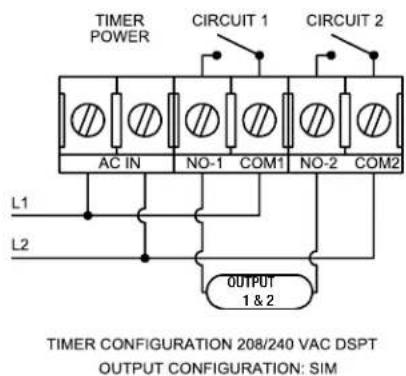TIMER POWER CIRCUIT 1 CIRCUIT 2 AC IN NO-1 COM1 NO-2 COM2 L1 L2 OUTPUT 1 & 2 TIMER CONFIGURATION 208/240 VAC DSPT OUTPUT CONFIGURATION: SIM
