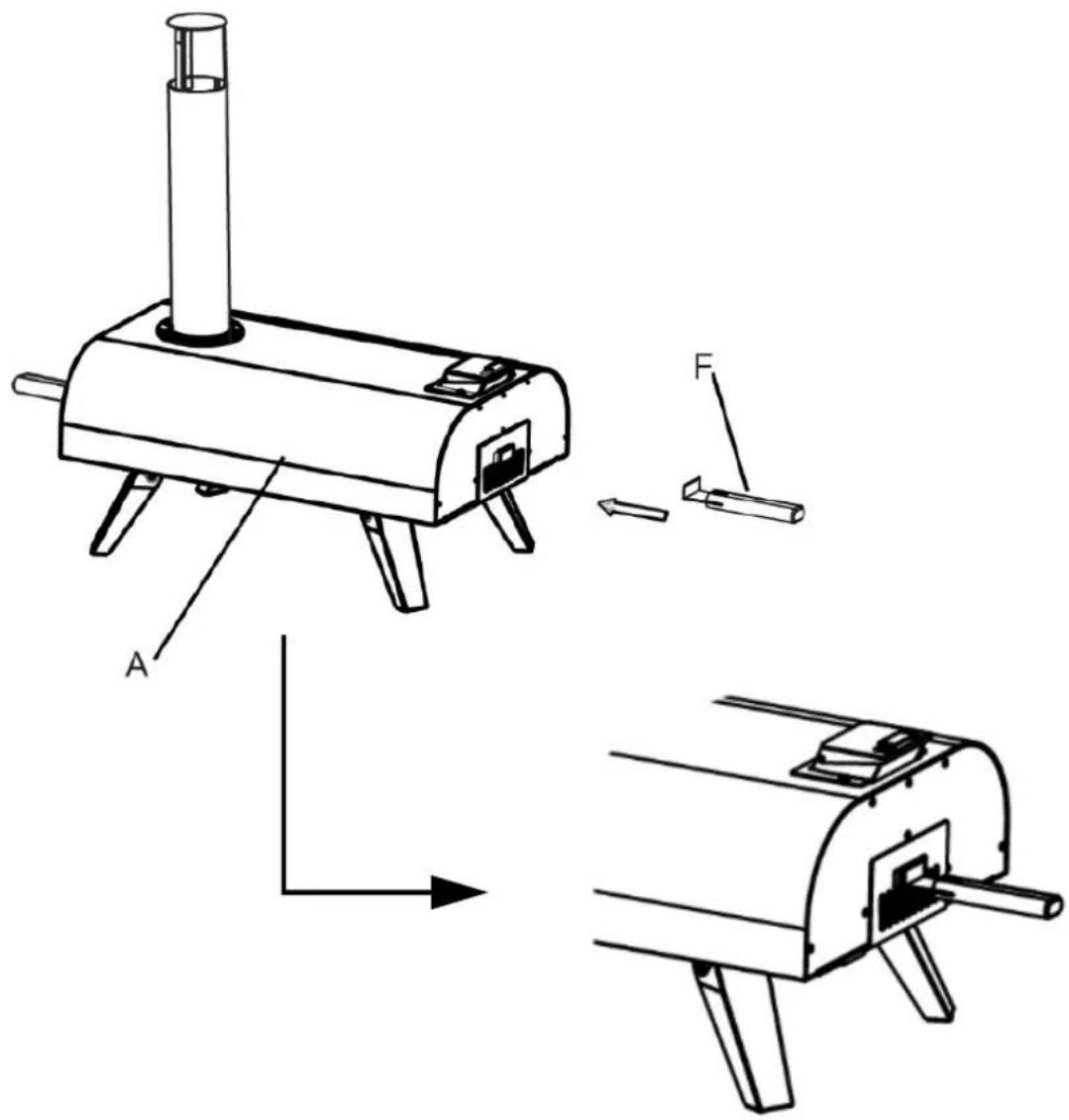 Technical diagram of a mechanical device with labeled components A and F, showing exploded and assembled views.
