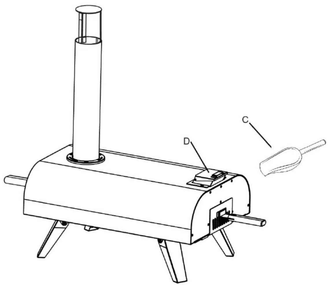 Technical line drawing of a portable stove with labeled components D and C