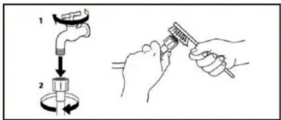 Diagram illustrating a water tap and its usage in a circular device, with labeled steps and hands.