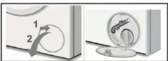 Diagram showing two steps of a washing machine: one with a circular dial labeled '1' and arrow, the other with a magnified view of the dial.