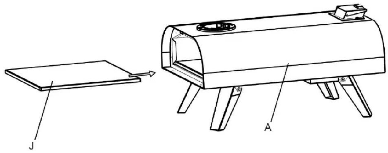 Technical line drawing of a portable stove with labeled components A and J, showing internal structure and assembly.