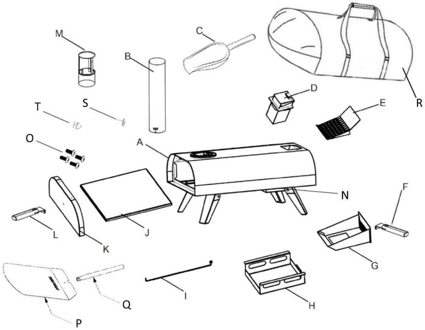 Exploded view diagram of a portable device with labeled parts from top to bottom, including battery pack, socket, and accessories.