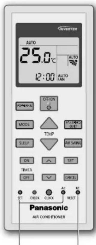 INVERTER AUTO 25.0°C 12:00 AUTO FAN POWERFUL OFF/ON MODE FAN SPEED/ GIFT TEMP SLEEP AIR SAWING ON SET TIMER OFF CANCEL SET CHECK CLOCK AC RC Panasonic AIR CONDITIONER