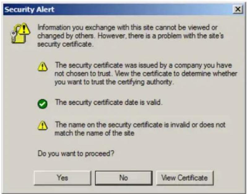 Security Alert Information you exchange with this site cannot be viewed or changed by others. However, there is a problem with the site's security certificate. The security certificate was issued by a company you have not chosen to trust. View the certificate to determine whether you want to trust the certifying authority. The security certificate date is valid. The name on the security certificate is invalid or does not match the name of the site Do you want to proceed? Yes No View Certificate