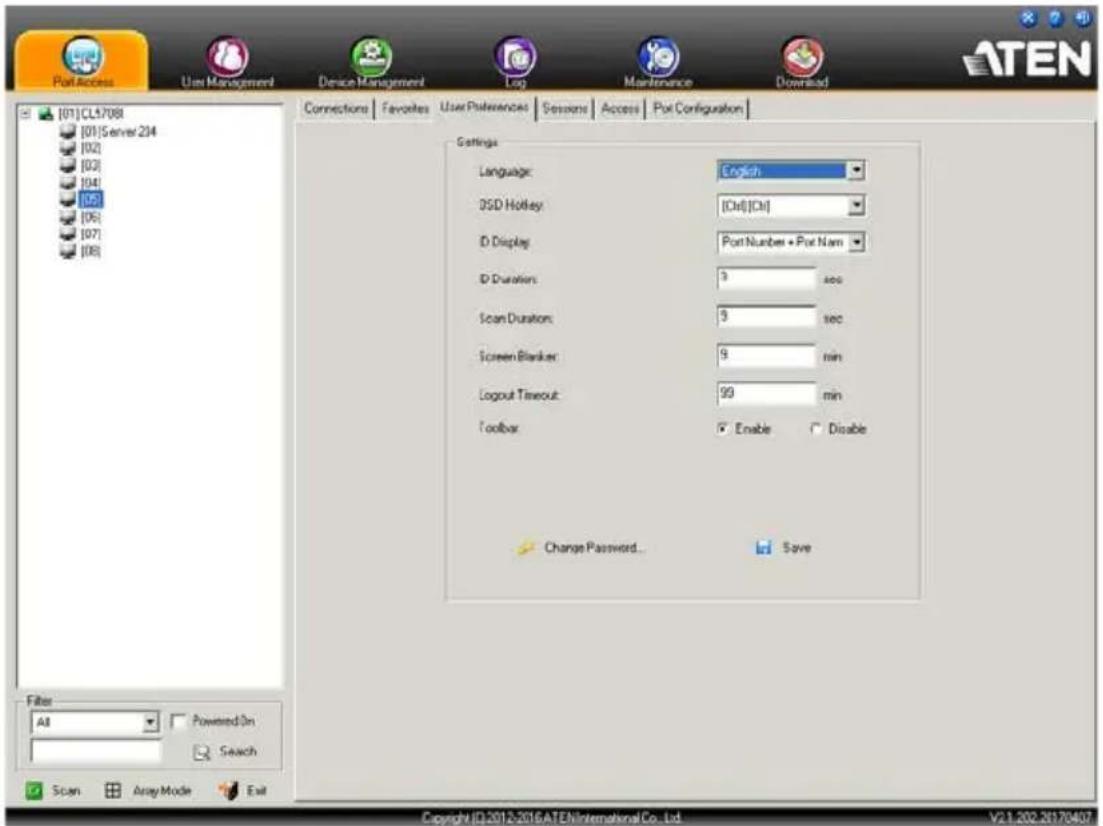 PortAccess User Management Device Management Log Maintenance Download [01] CL5708 [01] Server 204 [02] [03] [04] [05] [06] [07] [08] Connections Favorites User Preferences Sessions Access Pot Configuration Settings Language: English DSD Hotley: [Out][Out] D Display: PortNumber + Port Nam D Duration: 3 sec Scan Duration: 3 sec Screen Blanker: 9 min Logout Timeout: 99 min Toolbar: Enable Disable Change Password... Save Filter All Powered On Search Scan Array Mode Exit Copyright (D) 2012-2016 ATEN International Co., Ltd. V21.202.20170407