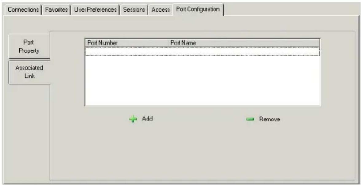 Connections Favorites User Preferences Sessions Access Poll Configuration Port Property Associated Link Poit Number Poll Name Add Remove