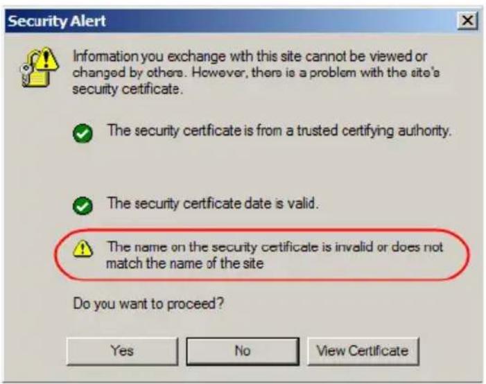 Security Alert Information you exchange with this site cannot be viewed or changed by others. However, there is a problem with the site's security certificate. ✓ The security certificate is from a trusted certifying authority. ✓ The security certificate date is valid. ✓ The name on the security certificate is invalid or does not match the name of the site Do you want to proceed? Yes No View Certificate