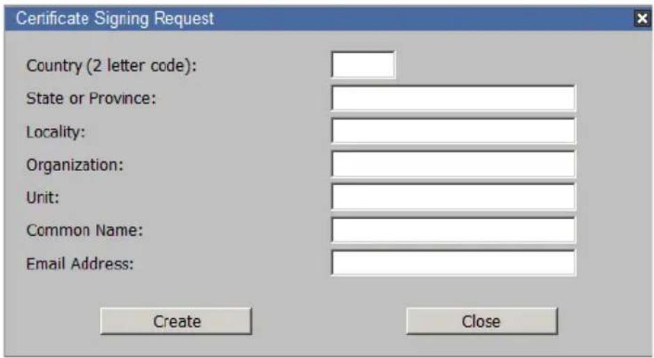 Certificate Signing Request Country (2 letter code): State or Province: Locality: Organization: Unit: Common Name: Email Address: Create Close
