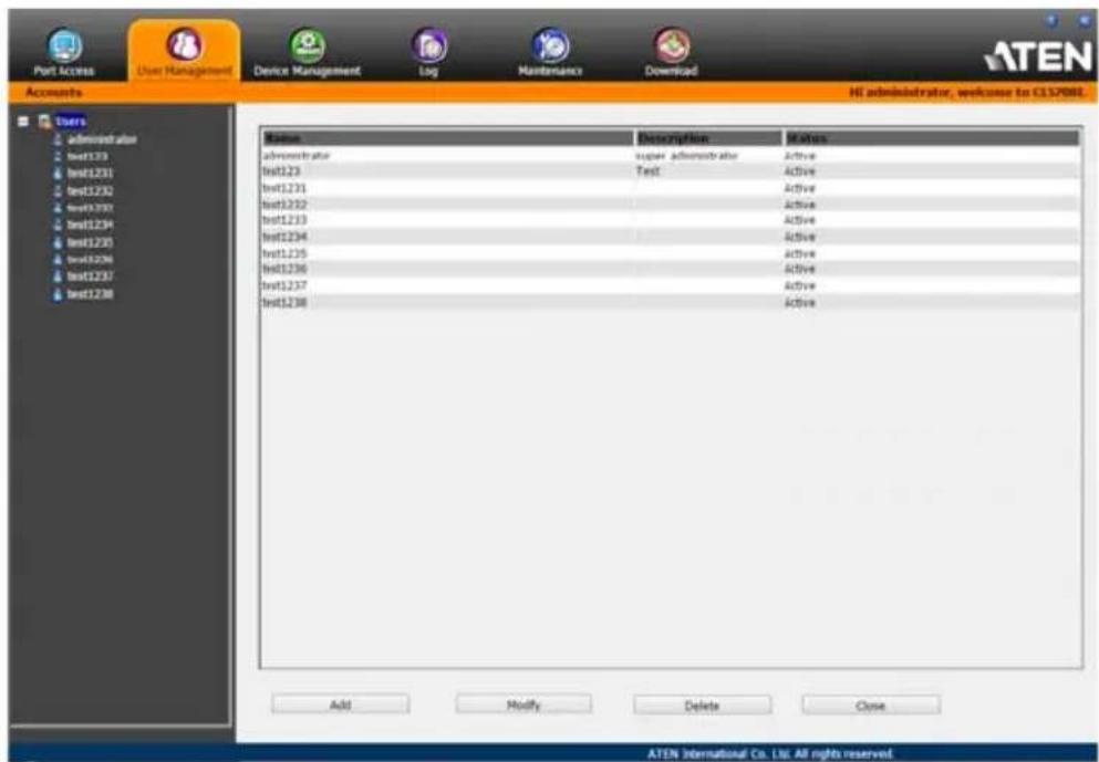 Port Access User Management Device Management Log Maintenance Download ATEN Accounts HI administrator, welcome to CLSP081L Users administrator test1233 test12331 test12332 test12333 test12334 test12335 test12336 test12337 test12338 Status Description Status administrator test1233 test12331 test12332 test12333 test12334 test12335 test12336 test12337 test12338 user administrator Active Test Active Active Active Active Active Active Active Active Active Active Active Add Modify Delete Close ATEN International Co. Ltd. All rights reserved.