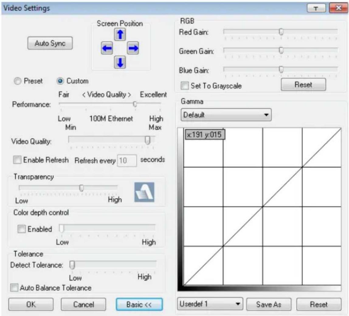 Video Settings Screen Position Auto Sync RGB Red Gain: Green Gain: Blue Gain: Set To Grayscale Reset Preset Custom Fair < Video Quality > Excellent Performance: Low 100M Ethernet High Min Max Video Quality: Enable Refresh Refresh every 10 seconds Transparency Low High Color depth control Enabled Low High Tolerance Detect Tolerance: Low High Auto Balance Tolerance OK Cancel Basic << Userdef 1 Save As Reset