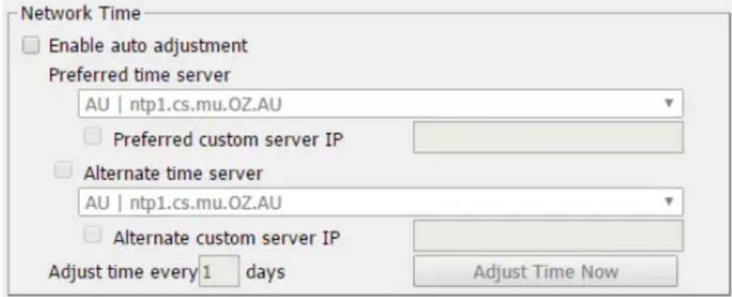 Network Time Enable auto adjustment Preferred time server AU | ntp1.cs.mu.OZ.AU Preferred custom server IP Alternate time server AU | ntp1.cs.mu.OZ.AU Alternate custom server IP Adjust time every 1 days Adjust Time Now