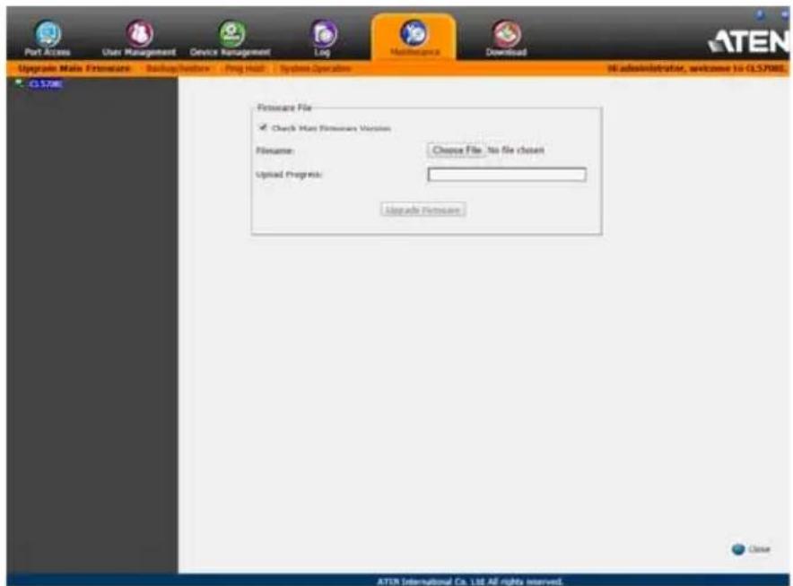 Port Access User Management Device Management Log Macromedia Download Upgrade Make Framework Backup/Server Firmware File Check Main Firmware Version Filename: Choose File: No file chosen Uploaded Programs: Upgrade Firmware ATEN International Co. Ltd All rights reserved. Close