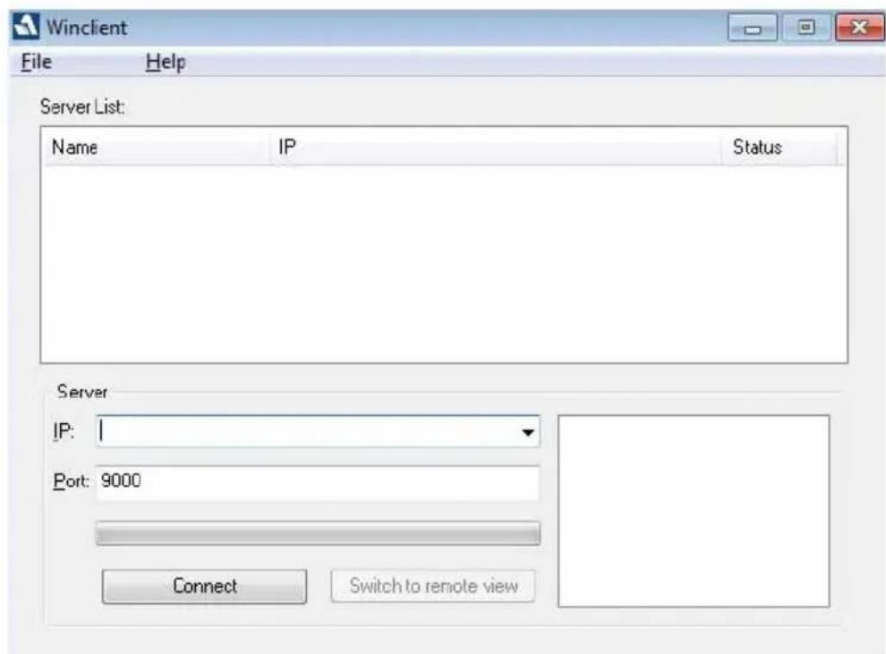 Winclient File Help Server List: Name IP Status Server IP: 1 Port: 9000 Connect Switch to remote view