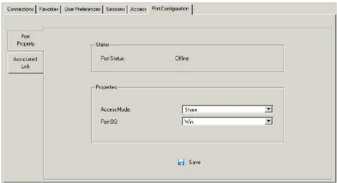 Connections Favorites User Preferences Sessions Access Port Configuration Port Property Associated Link Status Port Status: Offline Properties Access Mode: Share Port OS: Win Save