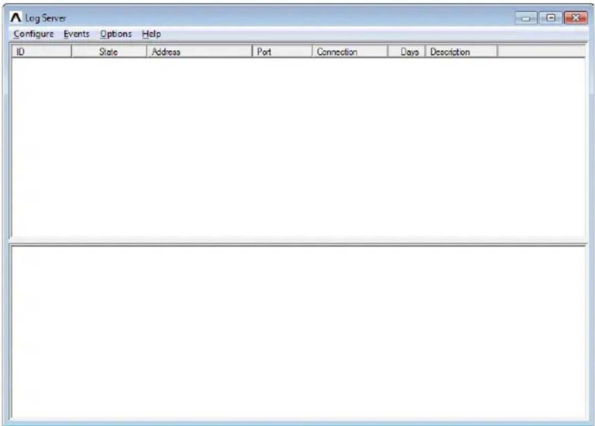 Log Server Configure Events Options Help ID State Address Port Connection Days Description