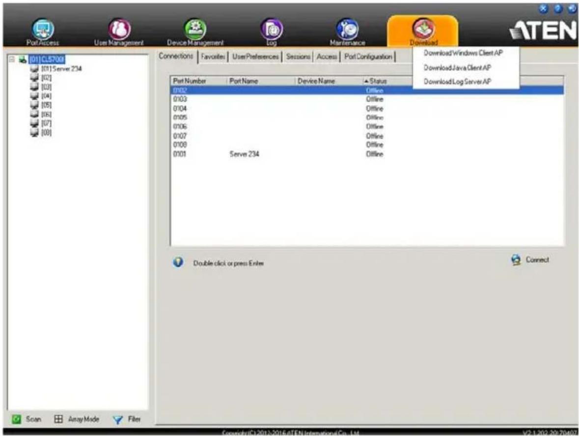 Port/Access User Management Device Management Log Maintenance Download ATEN [01]CL5708 [01]Server 234 [02] [03] [04] [05] [06] [07] [08] Connections Favorites User Preferences Sessions Access Port Configuration Port Number Port Name Device Name Status 0102 Offline 0103 Offline 0104 Offline 0105 Offline 0106 Offline 0107 Offline 0108 Offline 0101 Serve 234 Offline Double click or press Enter Connect Scan Away Mode Filter Copyright©2012-2016.ATEN.International@Co.,LM V2.1.202.20:20497