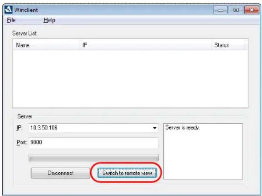 Winclent File Help Server List: Name IP Status Server IP: 10.3.50.106 Server is ready. Port: 9000 Disconnect Switch to remote view