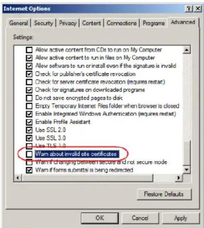 Internet Options General | Security | Privacy | Content | Connections | Programs | Advanced Settings: Allow active content from CDs to run on My Computer Allow active content to run in files on My Computer Allow software to run or install even if the signature is invalid Check for publisher's certificate revocation Check for server certificate revocation (requires restart) Check for signatures on downloaded programs Do not save encrypted pages to disk Empty Temporary Internet Files folder when browser is closed Enable Integrated Windows Authentication (requires restart) Enable Profile Assistant Use SSL 2.0 Use SSL 3.0 Use TLS 1.0 Warm about invalid site certificates Warm if changing between secure and not secure mode Warm if forms submittal is being redirected Restore Defaults OK Cancel Apply