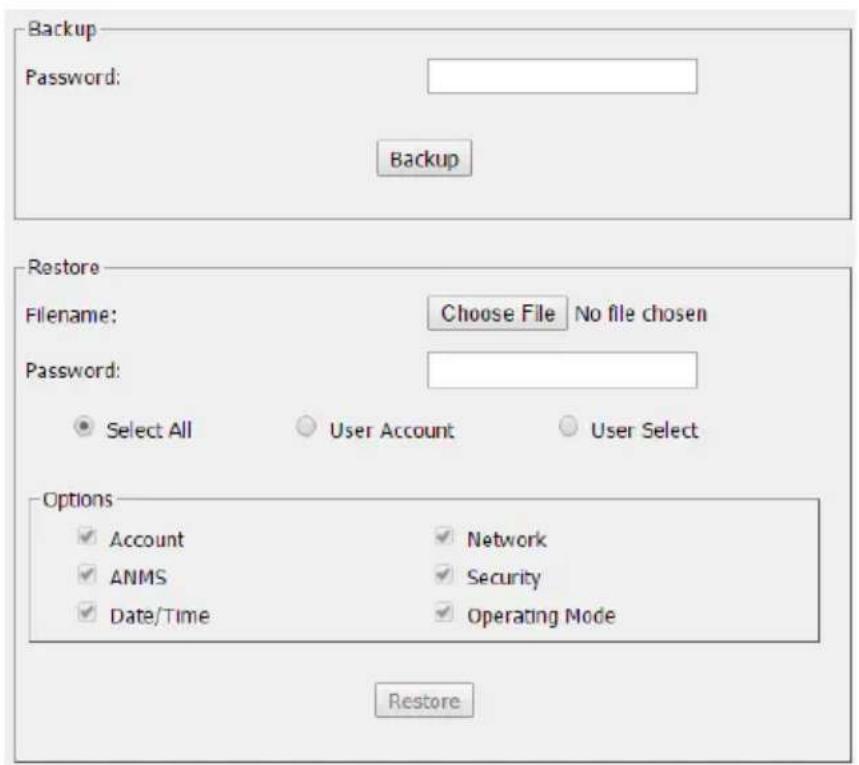 Backup Password: Backup Restore Filename: Choose File No file chosen Password: Select All User Account User Select Options ✓ Account ✓ Network ✓ ANMS ✓ Security ✓ Date/Time ✓ Operating Mode Restore