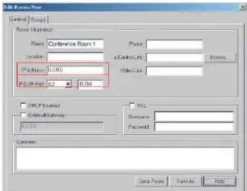 Edit New Data Source Control Groups New Information Name: Conference Room 1 Location: IP Address: 0.5/0.0 PCL IP Path: 0.2 41.768 Power: a Control Lns: Video Lns: DHCP Enabled External Subgroup: SQL SQL Username: Password: Connect: Save From Save As Help