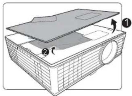 Diagram of an projector with labeled parts and directional arrows indicating assembly or operation