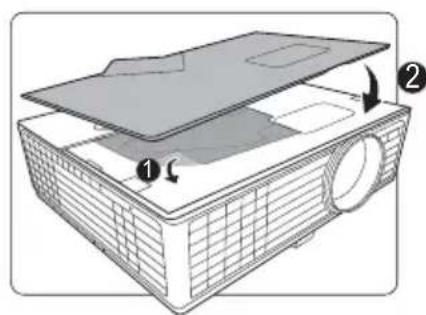 Diagram of a projector with labeled parts and directional arrows indicating assembly or operation