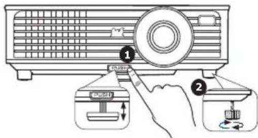 Diagram showing a projector with labeled parts and a hand interacting with the device, illustrating the process of adding a button.