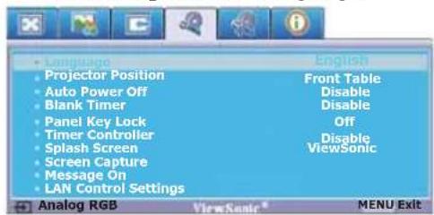 Language Projector Position Auto Power Off Blank Timer Panel Key Lock Timer Controller Splash Screen Screen Capture Message On LAN Control Settings English Front Table Disable Disable Off Disable ViewSonic Analog RGB ViewSonic MENU Exit
