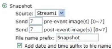 Snapshot Source: Stream1 Send 7 pre-event image(s) [0~7] Send 7 post-event image(s) [0~7] File name prefix: Snapshot Add date and time suffix to file name