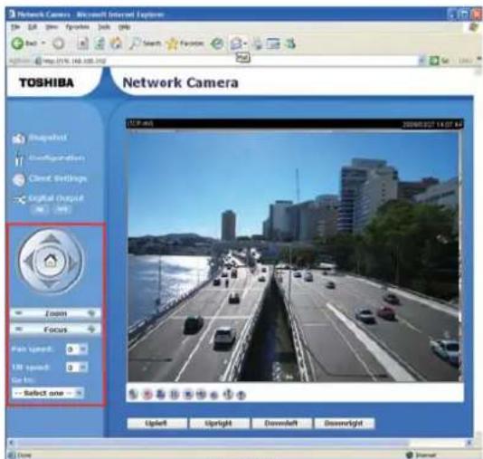 Network Camera - Microsoft Inserel Express File Edit View Insert Tools Help Search Favorites TOSHIBA Network Camera Shanghai Configuration Cloud Settings Digital compass Zoom Focus Pair speed: 0 100 speed: 0 for in- Select one Uplet Upright Downleft Downright Done