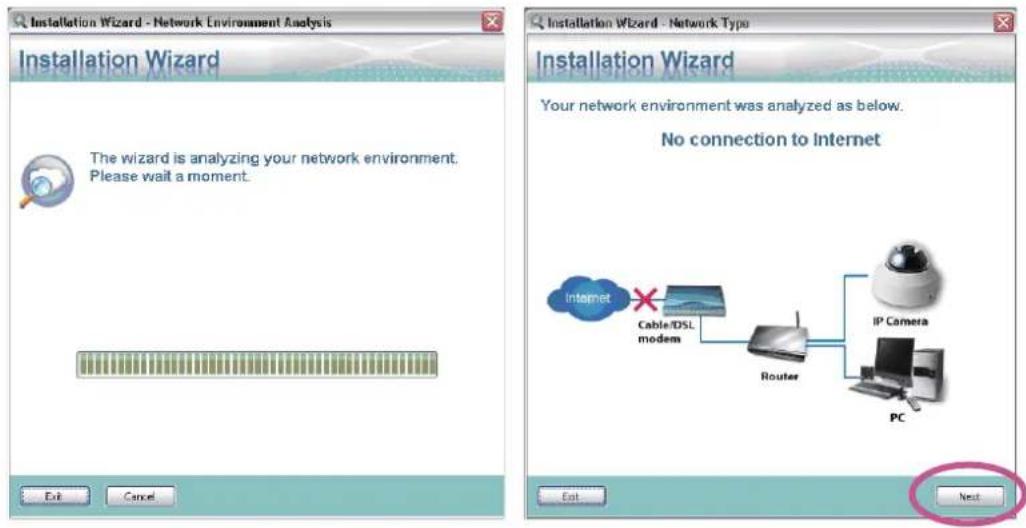 Installation Wizard - Network Environment Analysis Installation Wizard The wizard is analyzing your network environment. Please wait a moment. Exit Cancel Installation Wizard - Network Type Your network environment was analyzed as below. No connection to Internet Internet Cable/DSL modem Router IP Camera PC Exit Next