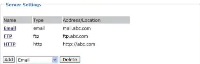 Server Settings Name Type Address/Location Email email mail.abc.com FTP ftp ftp.abc.com HTTP http http://abc.com Add Email Delete