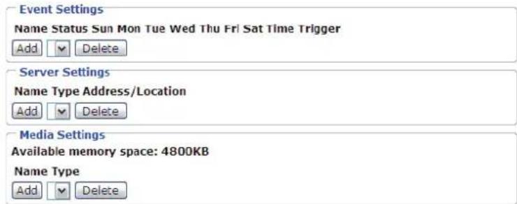 Event Settings Name Status Sun Mon Tue Wed Thu Fri Sat Time Trigger Add Delete Server Settings Name Type Address/Location Add Delete Media Settings Available memory space: 4800KB Name Type Add Delete