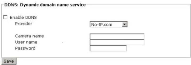 DDNS: Dynamic domain name service Enable DDNS Provider No-IP.com Camera name User name Password Save