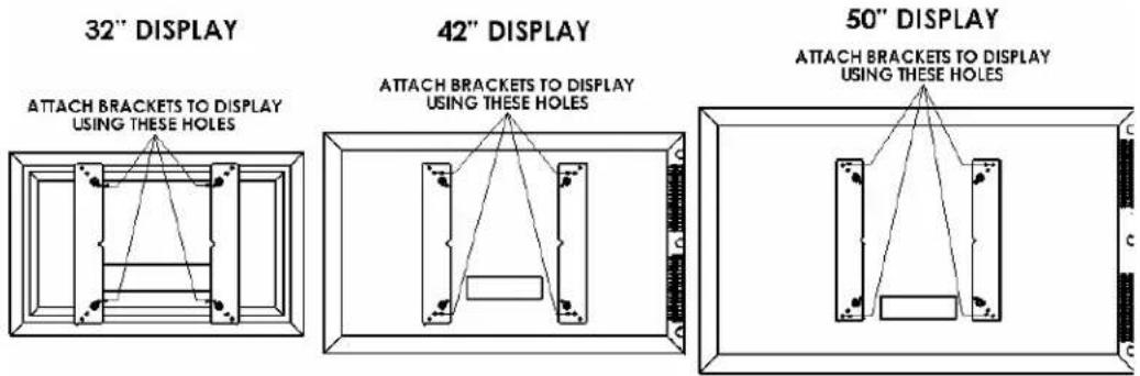 32" DISPLAY ATTACH BRACKETS TO DISPLAY USING THESE HOLES 42" DISPLAY ATTACH BRACKETS TO DISPLAY USING THESE HOLES 50" DISPLAY ATTACH BRACKETS TO DISPLAY USING THESE HOLES