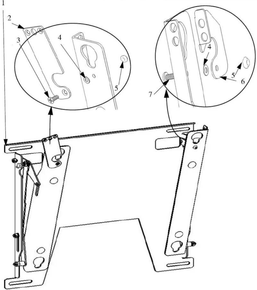 Technical diagram of a mechanical assembly with numbered components and magnified views for detail