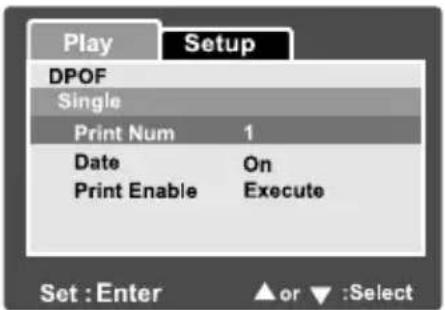 Play Setup DPOF Single Print Num 1 Date On Print Enable Execute Set: Enter ▲ or ▼: Select