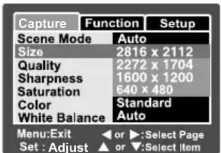 Capture Function Setup Scene Mode Auto Size 2816 x 2112 Quality 2272 x 1704 Sharpness 1600 x 1200 Saturation 640 x 480 Color Standard White Balance Auto Menu: Exit ← or ▶ : Select Page Set : Adjust ▲ or ▼ : Select item