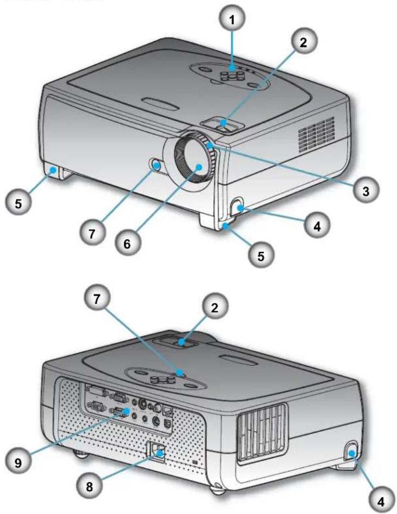 Diagram of a projector with numbered parts for identification and assembly reference.