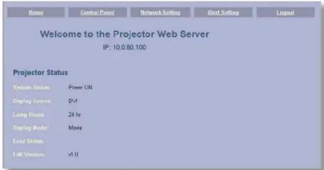 Welcome to the Projector Web Server IP: 10.0.60.100 Projector Status System Status Power ON Display Source DVI Lamp Drive 24 hr Display Mode Movie User Status: F-IR Version x10