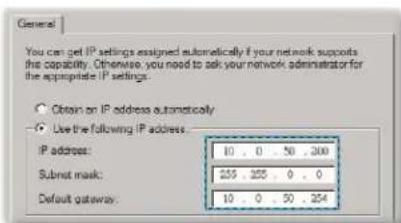 General You can get IP settings assigned automatically if your network supports the capability. Otherwise, you need to ask your network administrator for the appropriate IP settings. Obtain on IP address automatically Use the following IP address: IP address: 10 0 50 200 Submit mask: 255 255 0 0 Default gateway: 10 0 50 254