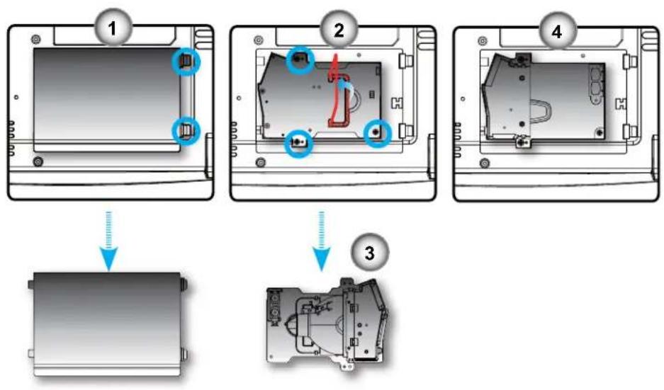 Technical diagram showing four steps of a device component assembly, with numbered labels and directional arrows indicating process flow.