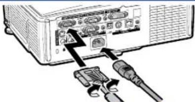 Diagram showing computer interface with labeled ports and connectors, including a warning symbol and cable connections