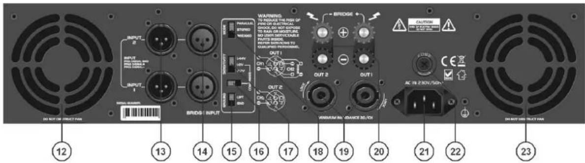 INPUT B BRIDS | INPUT 12 13 14 15 16 17 18 19 20 21 22 23 WARNING TO REDUCE THE RISK OF RISK OF ELECTRICAL SHOCK DO NOT SUPPOSE TO RAIL OR SWITCH/AC. NO DRY SWITCH/CABLE PARTS INSUL UNDER SWITCHING TO QUALIFIED SWITCHING. OUT 1 OUT 2 OUT 3 BRIDGE WARNING BY: CHANCE NO./ON CAUTION CE AC IN 2 ON / SDN DO NOT BIND PRINT FAN