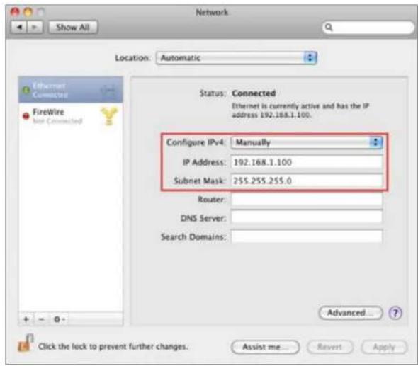 Network Show All Location: Automatic Ethernet Connected FireWire for Connected Status: Connected Ethernet is currently active and has the IP address 192.168.1.100. Configure IPv4: Manually IP Address: 192.168.1.100 Subnet Mask: 255.255.255.0 Router: DNS Server: Search Domains: Advanced... Click the lock to prevent further changes. Assist me... Revert Apply