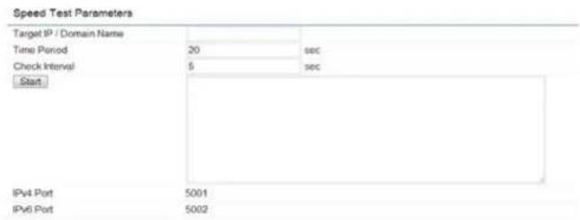 Speed Test Parameters Target IP / Domain Name Time Period 20 sec Check Interval 5 sec Start IPv4 Port 5001 IPv6 Port 5002