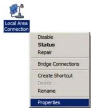Local Area Connection Disable Status Repair Bridge Connections Create Shortcut Delete Rename Properties