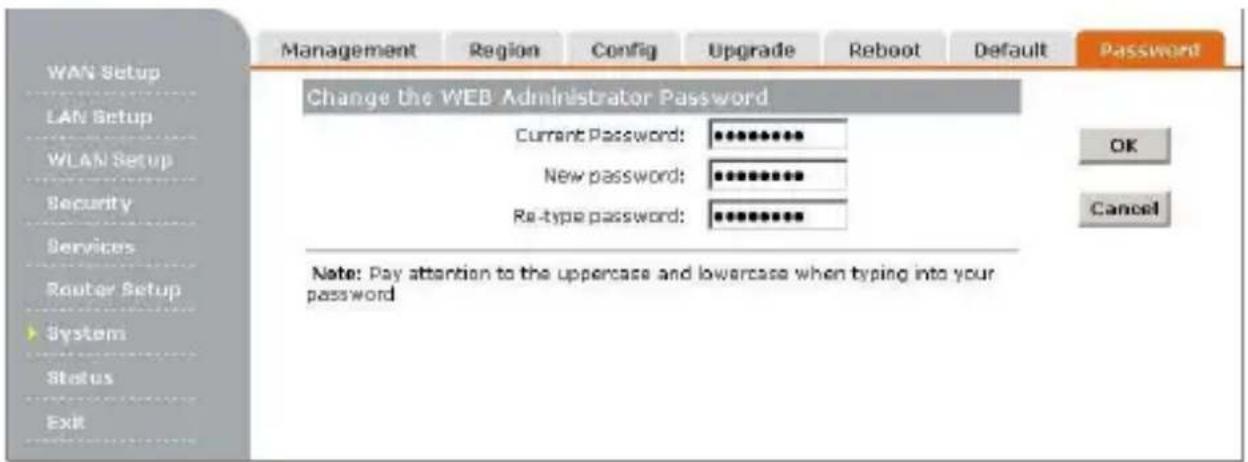 WAN Setup LAN Setup WLAN Setup Security Services Router Setup System Status Exit Management Region Config Upgrade Reboot Default Password Change the WEB Administrator Password Current Password: •••••••••• New password: •••••••••• Re-type password: •••••••••• Note: Pay attention to the uppercase and lowercase when typing into your password OK Cancel
