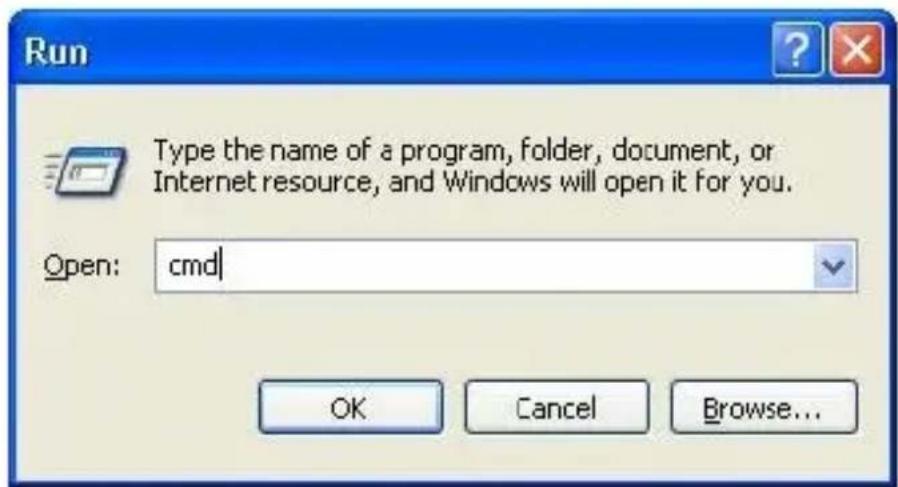 Run Type the name of a program, folder, document, or Internet resource, and Windows will open it for you. Open: cmd OK Cancel Browse...